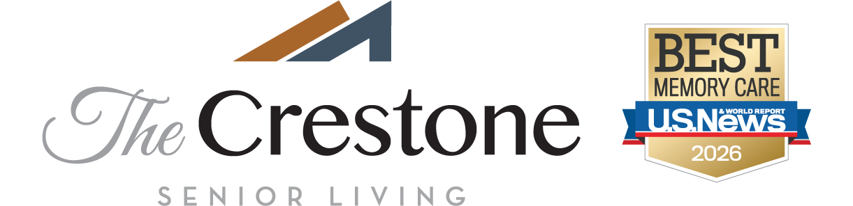 The Crestone Senior Living logo alongside the 2026-2027 U.S. News Best Memory Care award badge, recognizing excellence in senior memory care services.